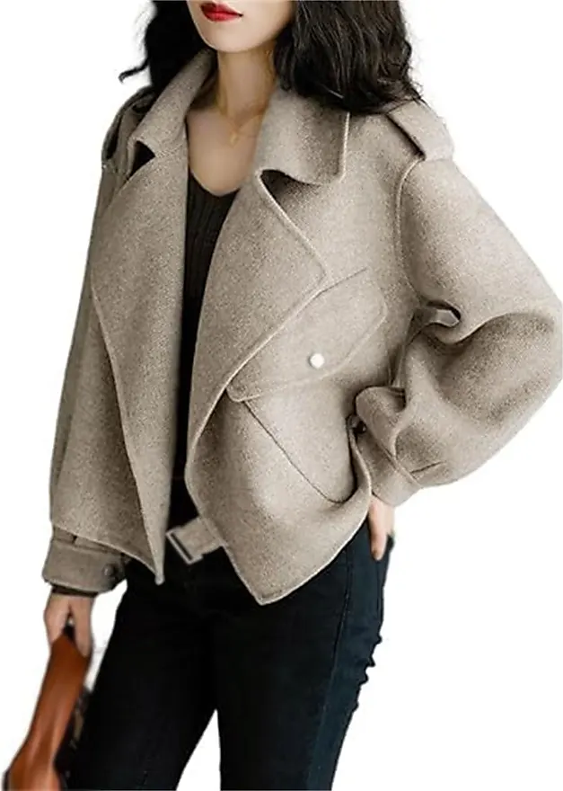 Generic Cappotto Corto Da Donna In Lana Con Risvolto Dentellato