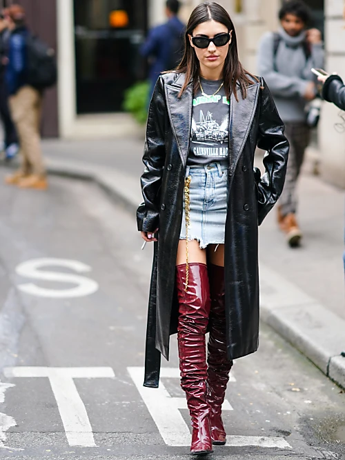 Leather skirt and thigh high boots outfit hotsell