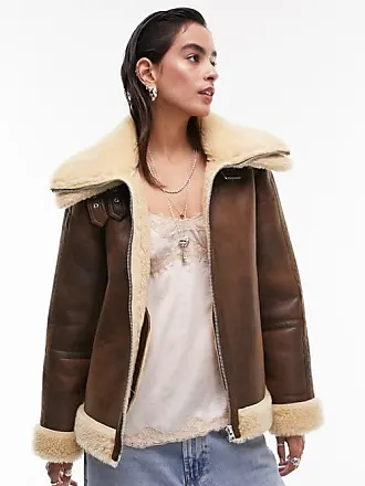 Topshop Tall faux leather shearling aviator biker jacket in chocolate