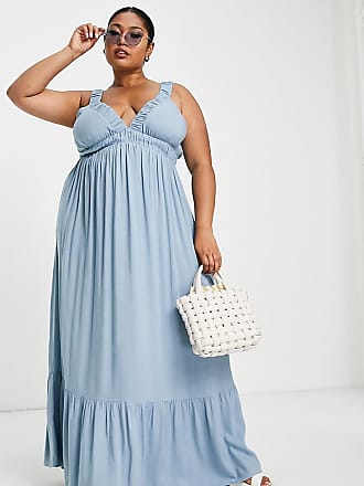 Asos Curve ASOS DESIGN Curve elasticated v back and neck maxi dress in duck egg-Blue