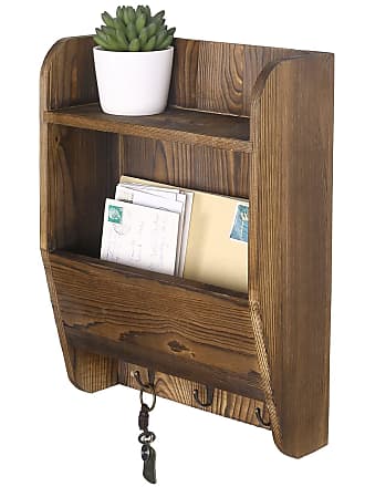 MyGift Wall Mounted Burnt Wood and Metal Pipe Entryway Mail Rack with Key Hooks 