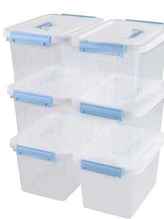 CVC Tyminin Small Plastic Clear Storage Lidded Latch Box Bin with White Lid and Light Blue Handles, 6 Packs