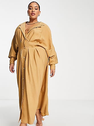 Asos Curve drape midi shirt dress with pleat waist detail in camel-Neutral