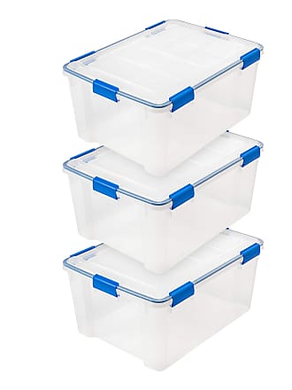 Iris 60 Quart WeatherPro Plastic Storage Bin Tote Organizing Container with Durable Lid and Seal and Secure Latching Buckles, Clear With Blue Buckles, 60 Q