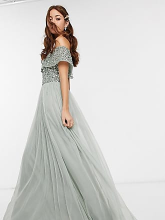 Maya Bridesmaid bardot maxi tulle dress with tonal delicate sequins in sage green