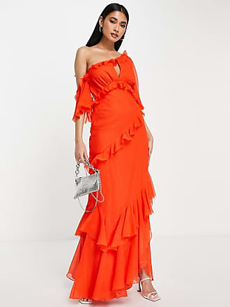 Asos fallen shoulder maxi dress with bias ruffle detail in red