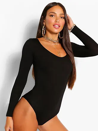 Hooded denim and stretch-knit thong bodysuit
