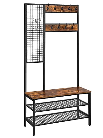 Hazelnut Brown and Black HSR040B03 VASAGLE Coat Rack Stand Industrial Bench and Shoe Rack Steel Height 183 cm Coat Stand with Removable Hooks Free Standing Hall Tree 