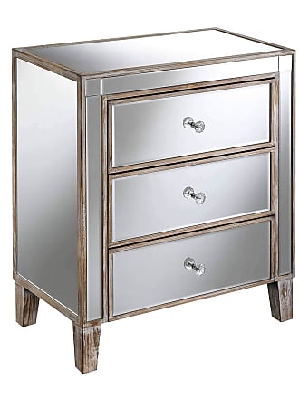 Convenience Concepts Gold Coast Large 3 Drawer Mirrored End Table, Weathered White / Mirror