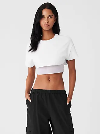 Alo Yoga Airbrush Figure Short Sleeve Bra Top in White, Size: Medium