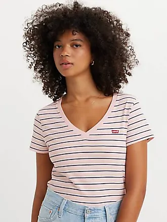 Levi's T shirt The Perfect con scollo a V Rosa / Cool Stripe Chalk Pink