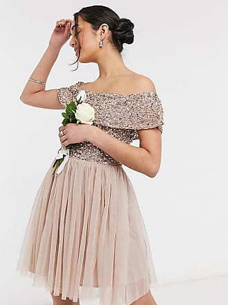 Maya Bridesmaid bardot mini tulle dress with tonal delicate sequin in taupe blush-Pink