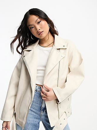 Missguided, Faux Leather Oversized Boyfriend Biker Jacket, Cream