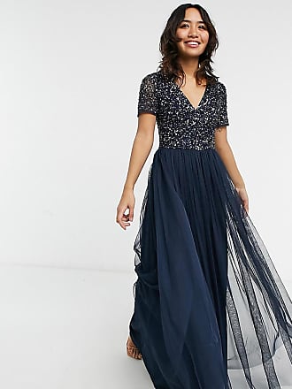 Maya Bridesmaid v neck maxi tulle dress with tonal delicate sequin in navy