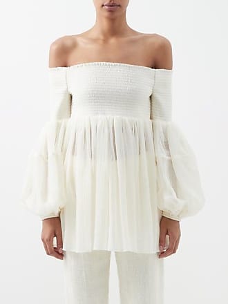 Chloé Off-the-shoulder Shirred Wool-gauze Top - Womens - Cream