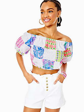 Lilly Pulitzer Womens Esmeray Off-The-Shoulder Cropped Top Size Medium, Patch Me If You Can - Lilly Pulitzer