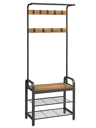 Hall Tree Free Standing VASAGLE Coat Rack Stand Height 183 cm Greige and Black HSR40MB Coat Stand with Bench Shoes Rack with Removable Hooks Metal Industrial 