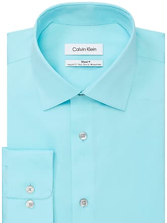 Calvin Klein Mens Dress Shirt Regular Fit Herringbone Stretch, Aqua Mist, 18.5 Neck 34-35 Sleeve