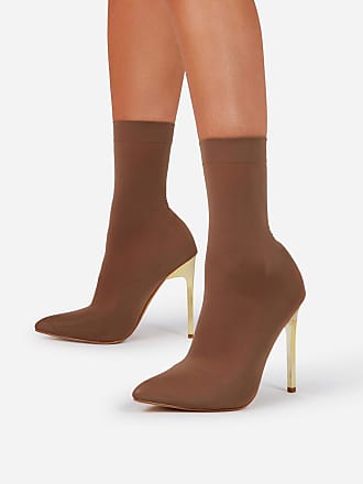 EGO Valentina Pointed Toe Metallic Heel Ankle Sock Boot In Dark Brown Sheer Knit, Brown
