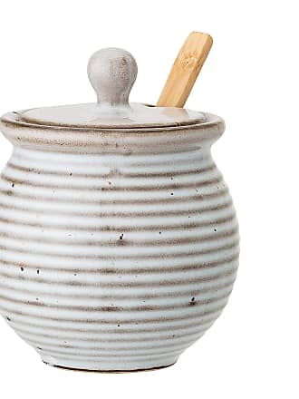 Sage & White Set of 3 Bloomingville Rustic Stoneware Coffee Sugar Jar with Lid and Wood Spoon Creamer