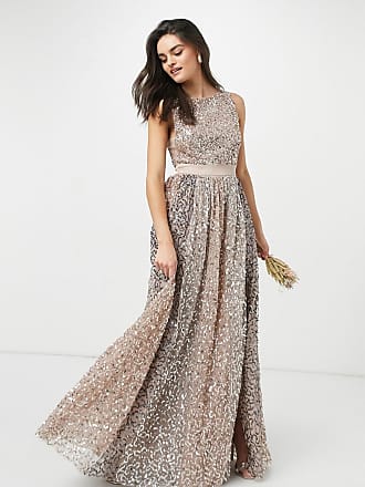 Maya allover contrast tonal delicate sequin dress with satin waist in taupe blush-Pink