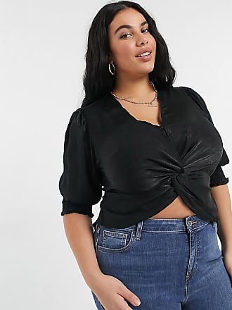 Outrageous Fortune Plus satin knot front shirred sleeve detail crop top in black