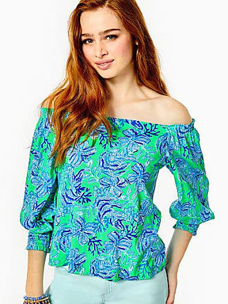 Lilly Pulitzer Womens Lessa Off-The-Shoulder Top in Green Size Medium, Keepin It Reel - Lilly Pulitzer