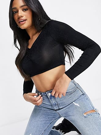 Fashionkilla glitter long sleeve crop top in black