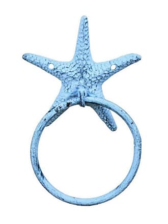 Hampton Nautical Rustic Dark Blue Whitewashed Cast Iron Starfish Towel Holder 8.5 Inch - Starfish Decoration - Sea Home