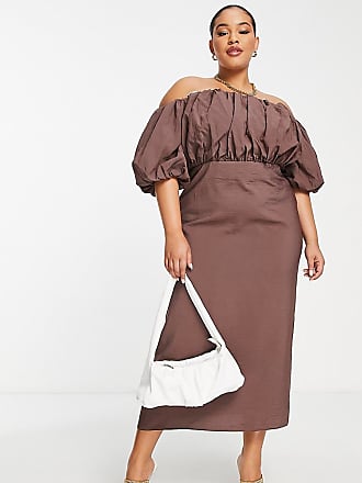 Asos Curve off the shoulder puff detail midi dress in taupe-Neutral