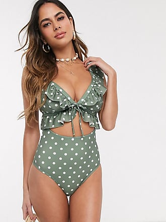 Peek & Beau Exclusivity - Recycled polyester one-piece swimsuit with ruffles for generous breasts D to F cups - Khaki with dots-Green
