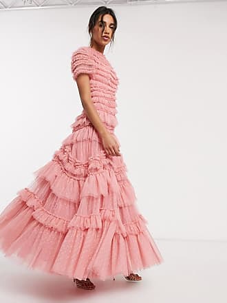 needle & thread embroidered tulle maxi dress with cap sleeve in rose