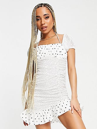 Asos off shoulder mini dress with tie neck detail in mixed spot print-Multi