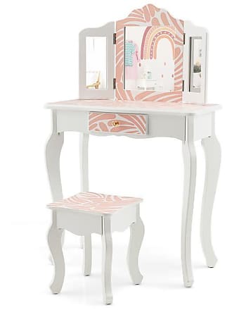 Coiffeuse Enfant avec Chaise et Miroir en Forme Lapin Table de Maquillage 2  Tiroirs et Étagère en Bois Rose - Costway