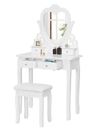 Ensemble coiffeuse tabouret design contemporain multi-rangement 4 tiroirs 4  étagères grand miroir aspect chêne clair blanc