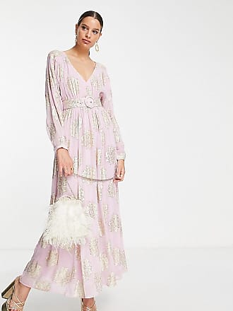 Asos Tall ASOS DESIGN Tall belted batwing maxi tea dress in lilac metallic jacquard-Multi