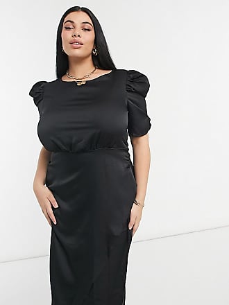 Outrageous Fortune Plus satin midi dress with tie waist in black-Green