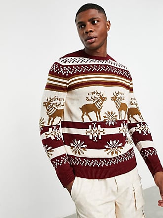boohooMAN Mens Reindeer Fair Isle Christmas Sweater - Red
