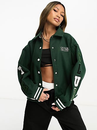 The Couture Club Satin Bomber Jacket with Varsity Badging in Black