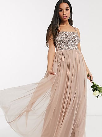 Maya Bridesmaid sleeveless square neck maxi tulle dress with tonal delicate sequin in taupe blush-Brown