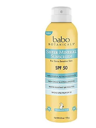 Babo Botanicals Sheer Mineral Sunscreen Spray SPF 50 with 100% Mineral Active Ingredients - for Babies, Kids or Extra Sensitive Skin - Water-Resistant, Vegan & Fragra