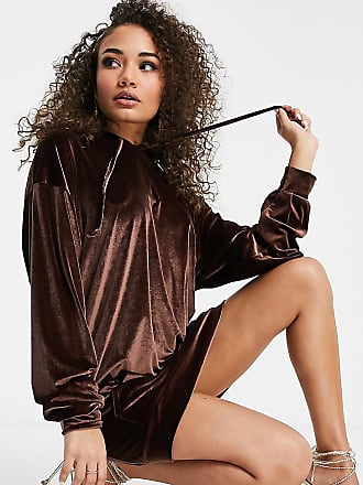 Fashionkilla exclusive velour oversized pocket hoodie dress with added face covering in chocolate-Brown