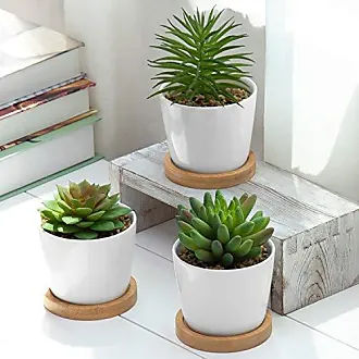 MyGift Mini Artificial Lotus Plants, Faux Greenery in Geometric White Ceramic Decorative Planter Pots and Realistic Stone Filler, Set of 3