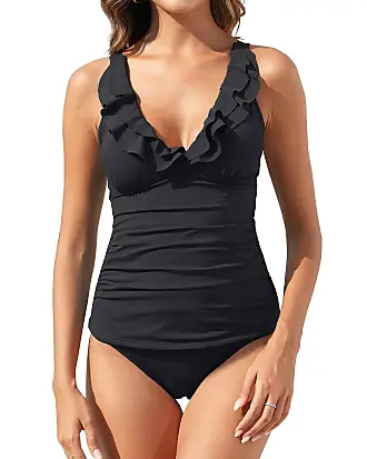 Yonique Womens Tankini Swimsuits with Skirt Two Piece Ruched Bathing Suits  Vintage Swimwear XS-XXL, Black, Small