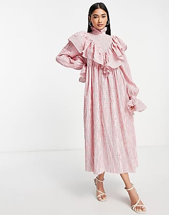 Asos ruffle smock midi shirt dress in stripe-Multi