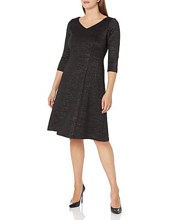 S.L. Fashions Womens Short Sleeve Tea Length Fit and Flare Dress (Petite Missy), Black, 12