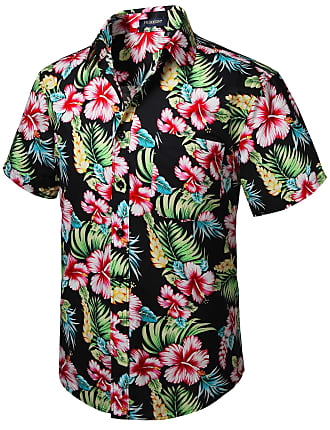 Hisdern Uomo Funky Hawaiana Camicie Floreali Manica Corta Tasca Frontale Vacanze estive Aloha Stampate da Spiaggia Casual Hawaii Camicia a Fiori Nero Rosa 3XL