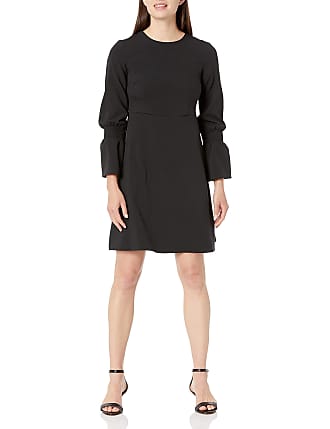 Lark & Ro Amazon Brand - Lark & Ro Womens Stretch Twill Gathered Sleeve Crew Neck Dress, Black 12