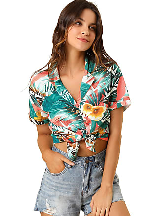 Allegra K Women's Hawaiian Floral Leaves Printed Short Sleeve Button Down  Vintage Beach Shirt White Floral X-Large