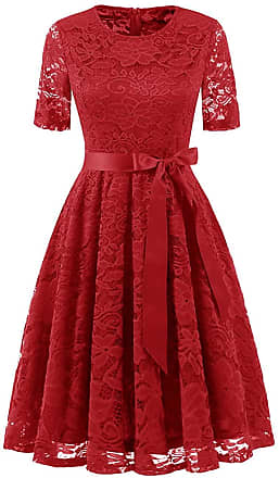 Dresstells Red Wedding Guest Dresses, Red Lace Mother of The Bride Summer Dress with Belt Short Sleeve Red 2XL